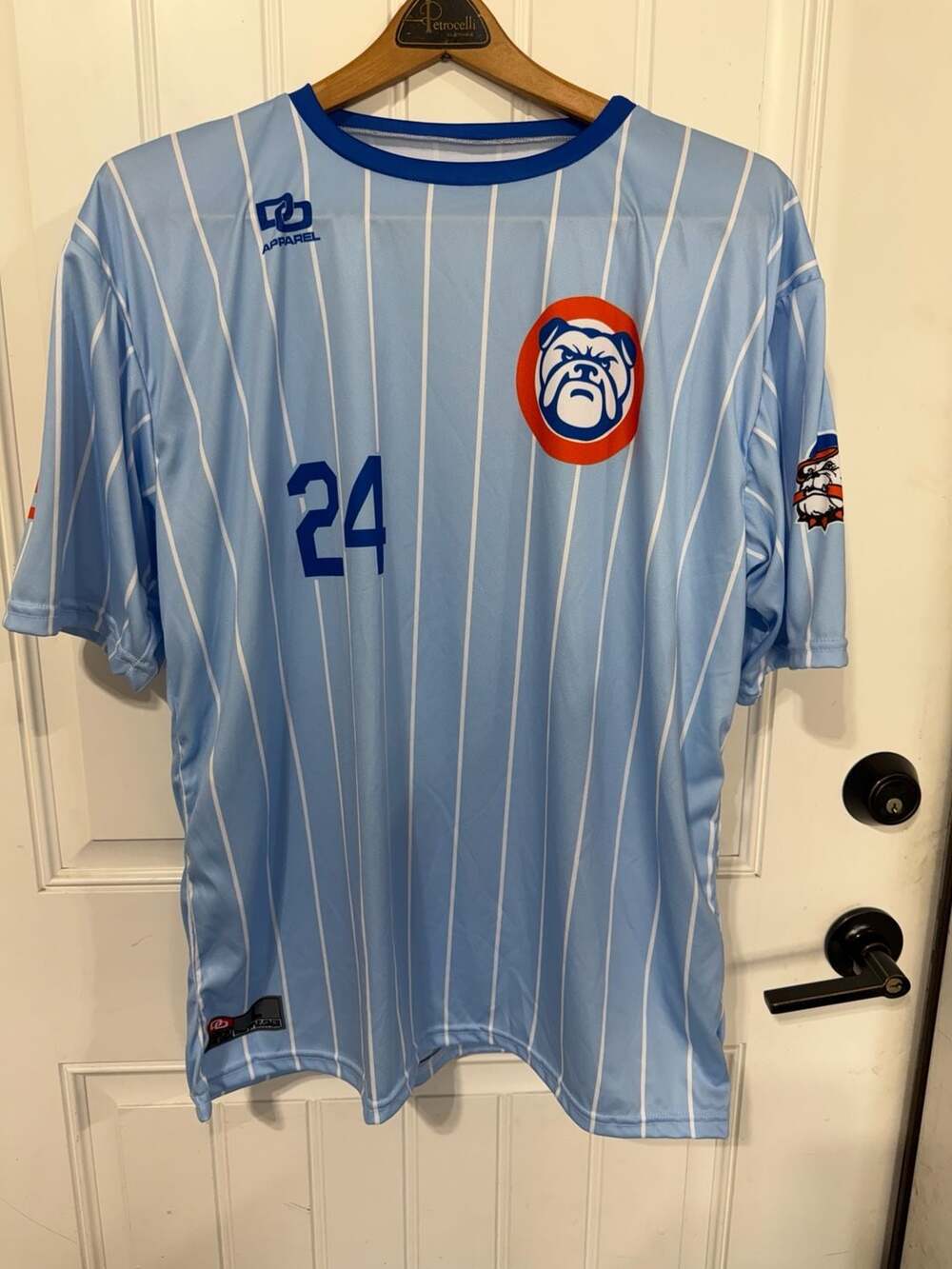 DD Apparel Bulldog Pinstripe Baseball Jersey with Number 24